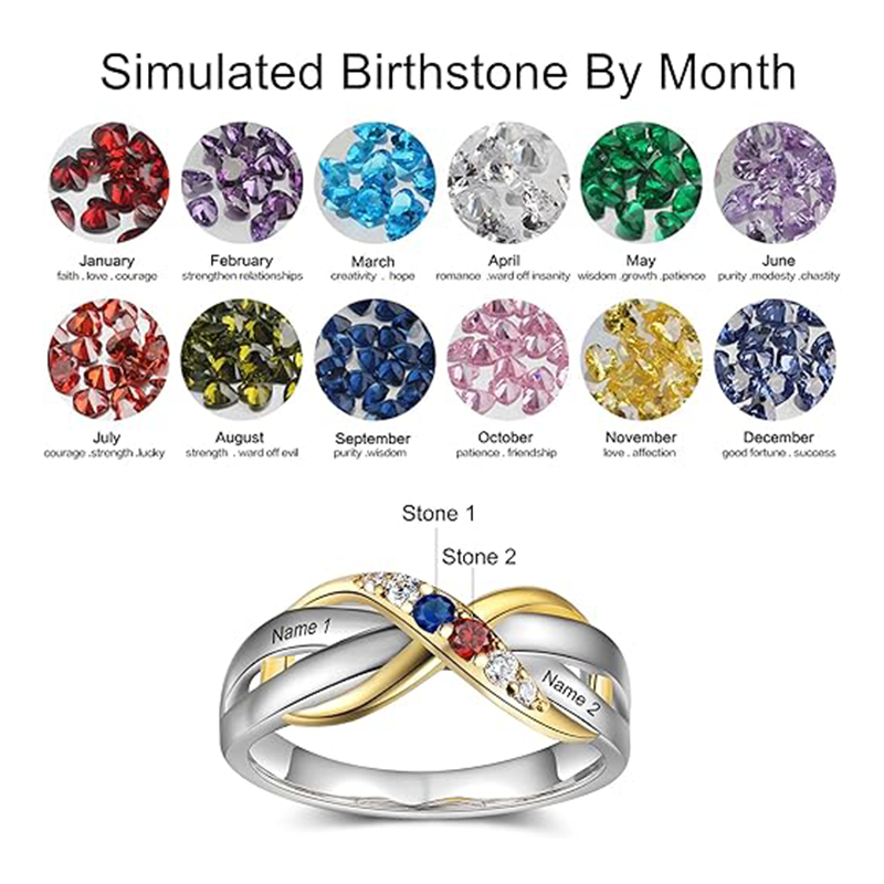 10K Two-tone Round Zircon PersonaIized Birthstone Name Infinity Ring-4