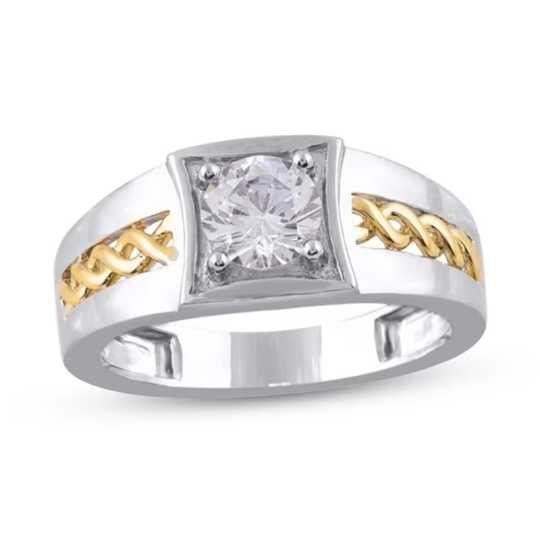 Bague chevalière personnalisée en or bicolore 10 carats avec diamant solitaire de 1 ct pour homme