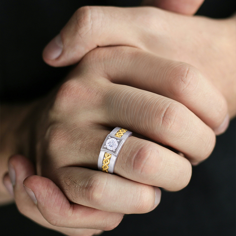 10K White Gold & Yellow Gold Round Shaped Diamond Custom Couple Signet Ring for Men I Color I2 Clarity 3EX IGI Certified-2