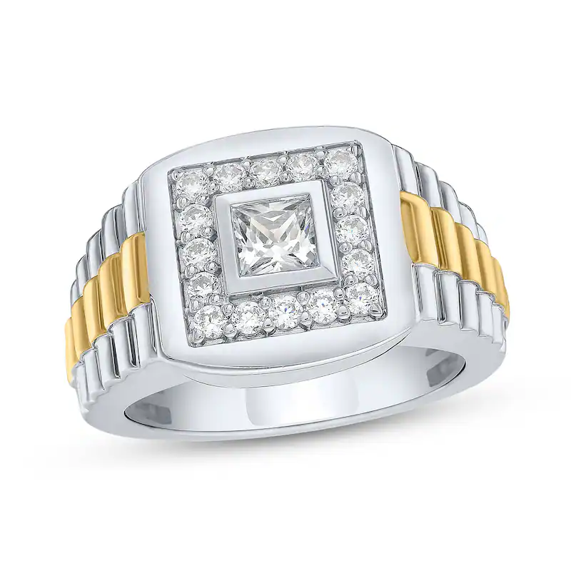 18K Two-Tone Gold 1 CT Square-Cut Lab Created Diamond Frame Ribbed Wedding Band for Men-1