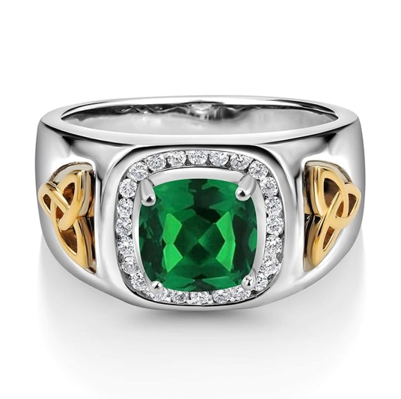 Aliança de casamento para homem em ouro bicolor de 10 quilates com esmeralda lapidada em almofada e 0,2 quilates de diamantes.-3