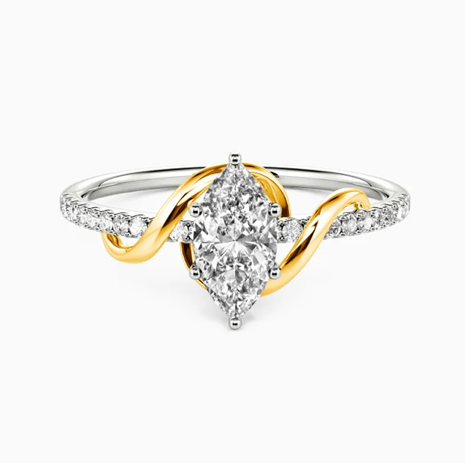 Anel de noivado com diamante em lapidação marquise em ouro bicolor de 10 quilates, cor D, claridade VVS-VS, certificado IGI 3EX-1