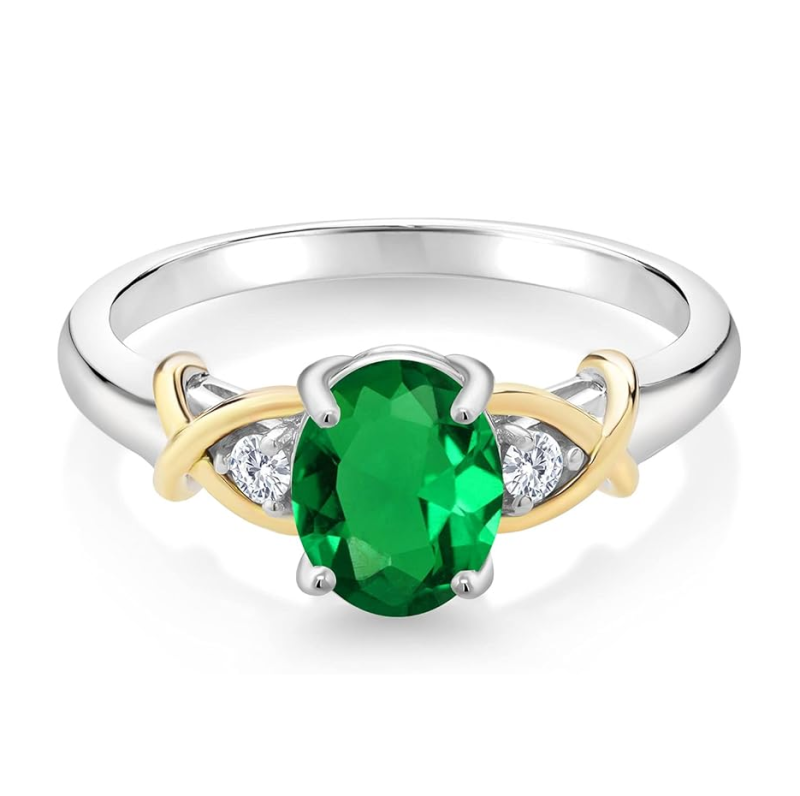 10K Two Tone Gold Oval Cut Emerald & 0.06 CT.T.W. Diamond Engagement Band-1