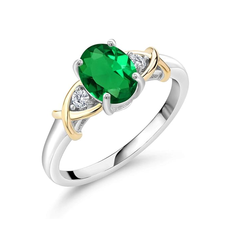 10K Two Tone Gold Oval Cut Emerald & 0.06 CT.T.W. Diamond Engagement Band-3