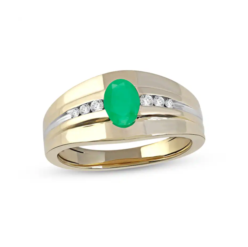 10K Two-Tone Gold Oval Cut Emerald and 0.15 CT. T.W. Diamond Tri-Sides Grooved Band for Men-17