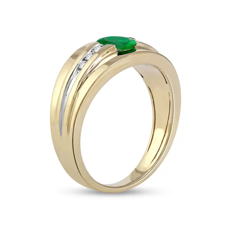 Aliança masculina de ouro 10K bicolor com esmeralda e diamante T.W. de 0,15 ct com três lados sulcados-2