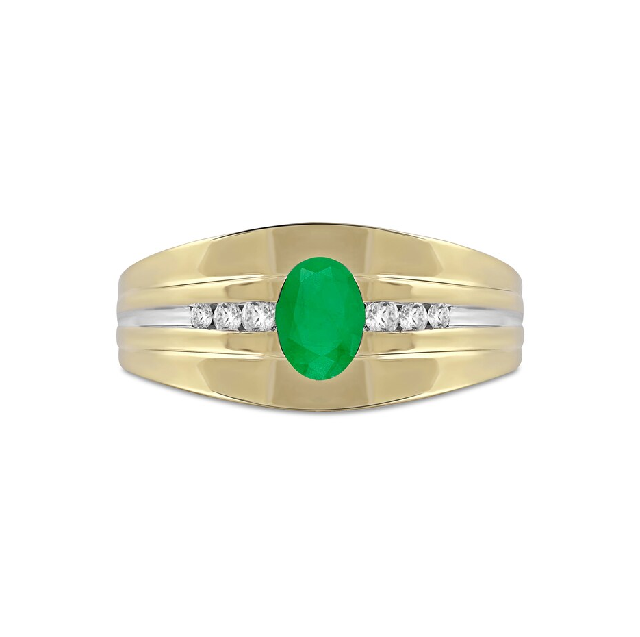 10K Two-Tone Gold Oval Cut Emerald and 0.15 CT. T.W. Diamond Tri-Sides Grooved Band for Men-3