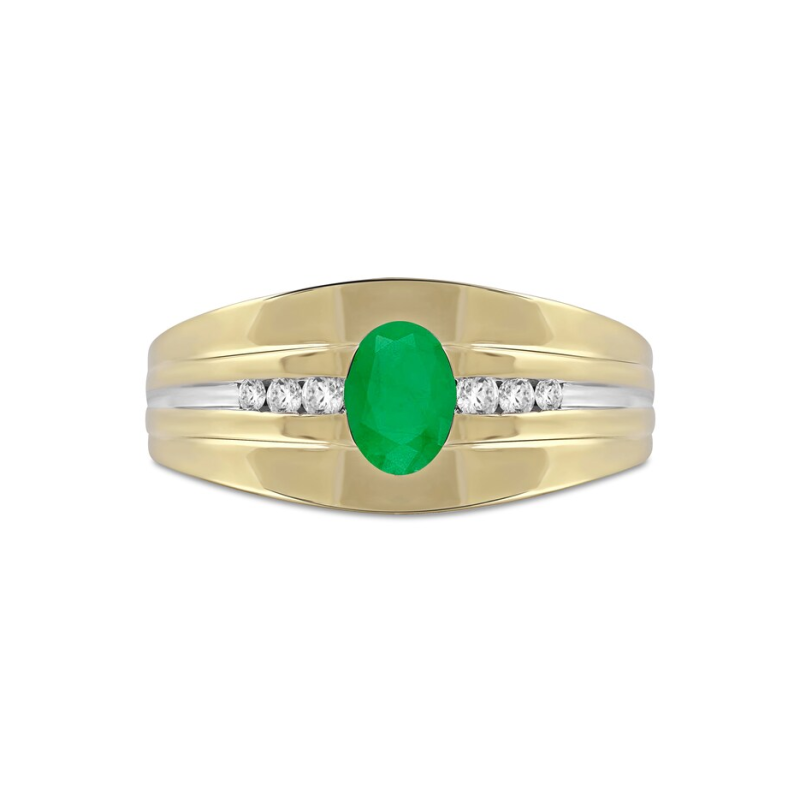 Aliança masculina de ouro 10K bicolor com esmeralda e diamante T.W. de 0,15 ct com três lados sulcados-3