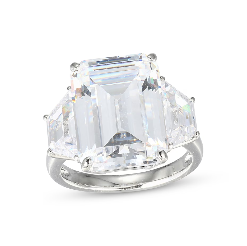 Aliança de três pedras em ouro branco 10K 12 CT.T.W., lapidação esmeralda, criada em laboratório, moissanita-1