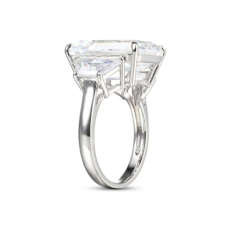 Aliança de três pedras em ouro branco 10K 12 CT.T.W., lapidação esmeralda, criada em laboratório, moissanita-3