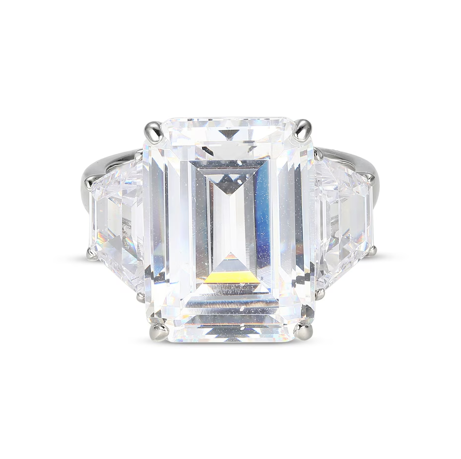 Aliança de três pedras em ouro branco 10K 12 CT.T.W., lapidação esmeralda, criada em laboratório, moissanita-4