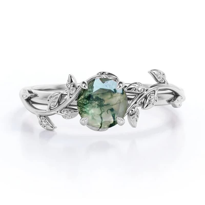 Image of 10K White Gold 1CT Circular Moss Agate & Personalized Engraving Ivy Engagement Ring