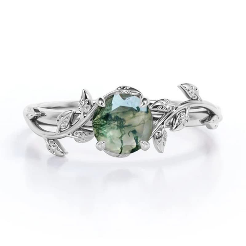 Sterling Silver Round Cut Moss Agate Engagement Ring-1
