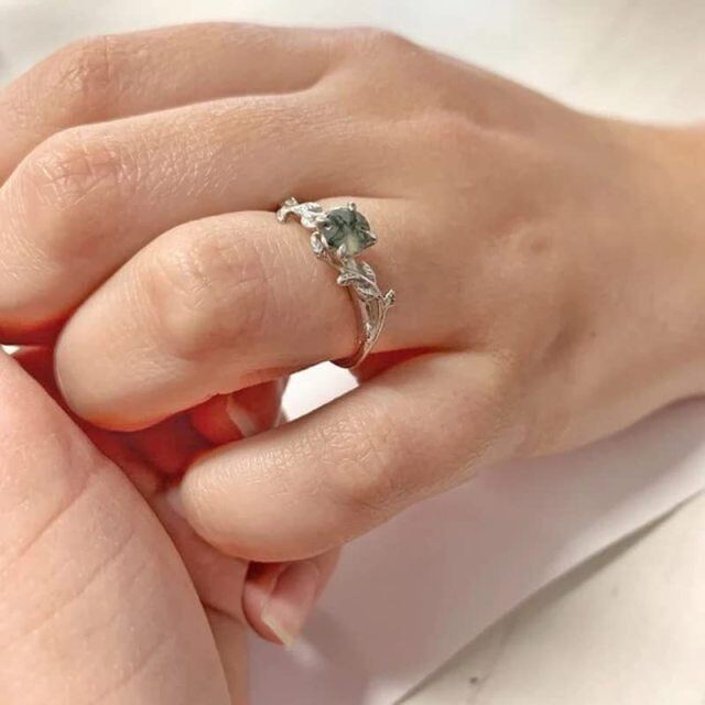 10K White Gold 1CT Circular Moss Agate & Personalized Engraving Ivy Engagement Ring-2