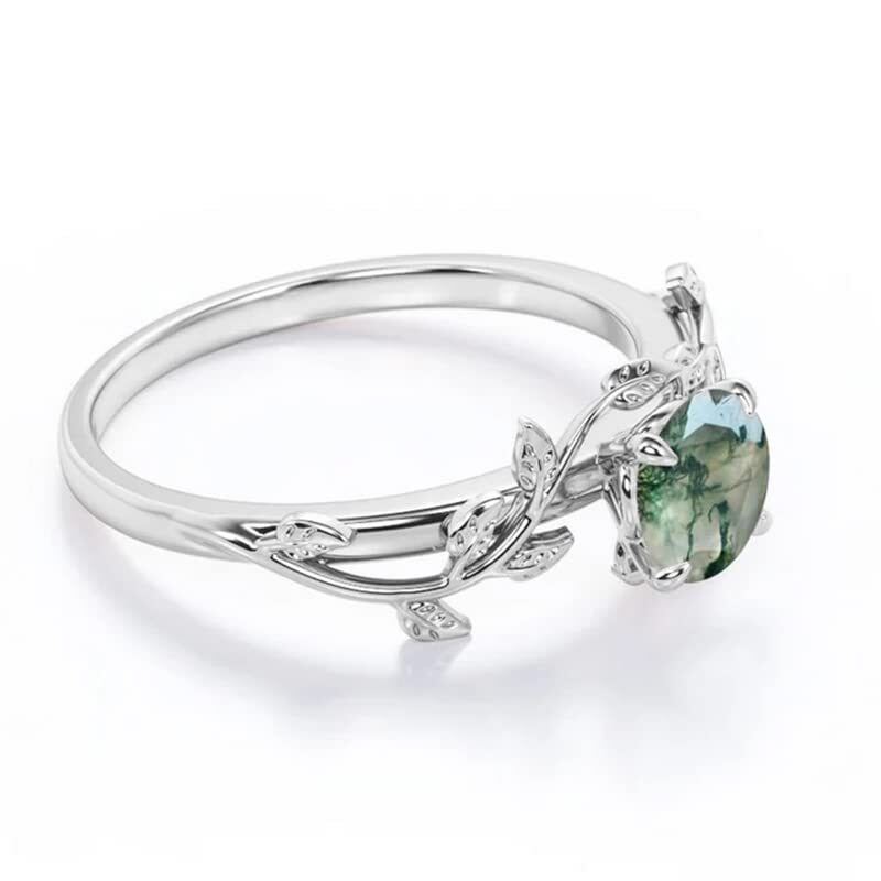 10K White Gold 1CT Circular Moss Agate & Personalized Engraving Ivy Engagement Ring-3