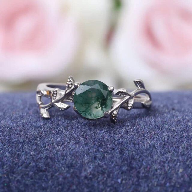 10K White Gold 1CT Circular Moss Agate & Personalized Engraving Ivy Engagement Ring-4