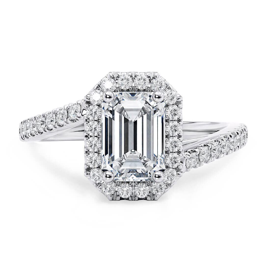 10K White Gold 1CT Emerald Cut Moissanite Personalized Engraving Halo Engagement Ring-1