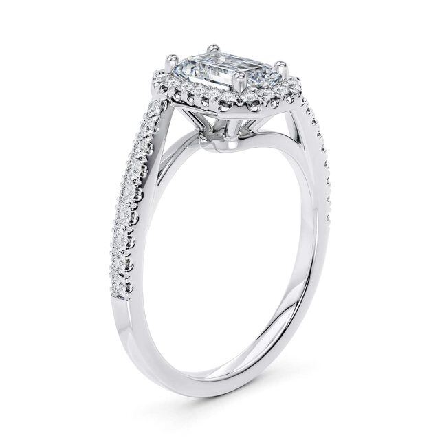 Bague de fiançailles Halo avec gravure personnalisée, or blanc 10K, 1CT, taille émeraude, Moissanite-3