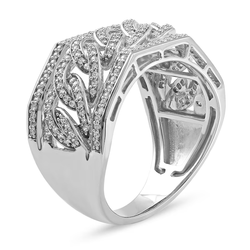 Anel de casamento personalizado para casal em ouro branco 14K com diamante de 1/2 CT e elo de meio-fio em ângulo para homens-3