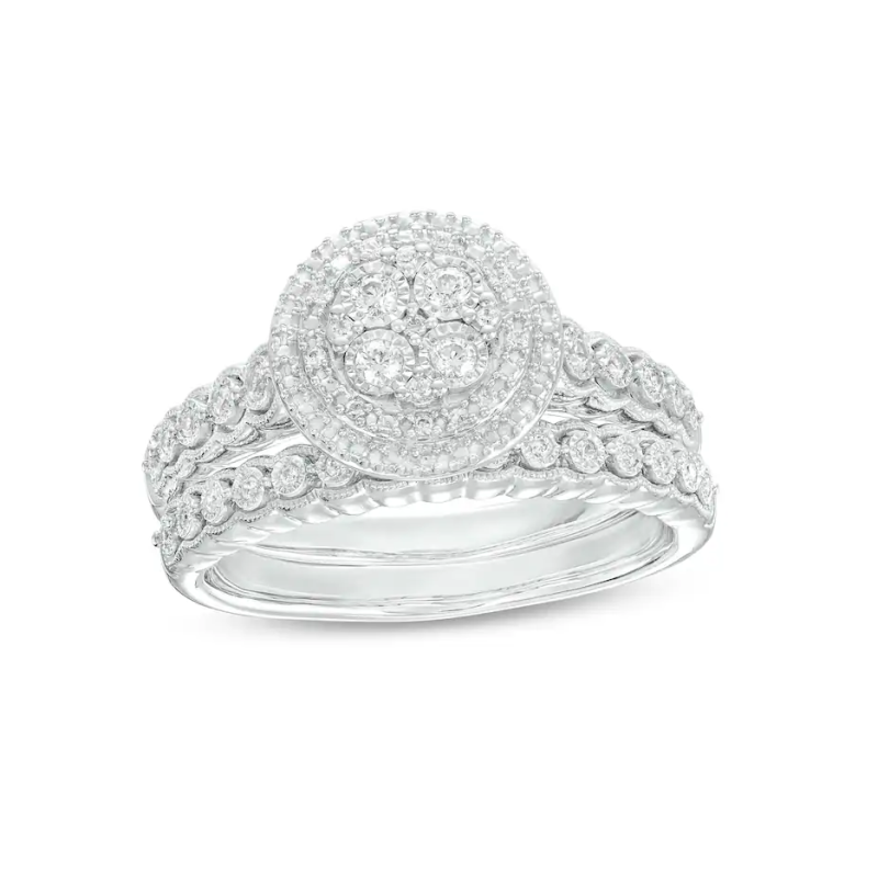 10K białe złoto 0,25 CT.T.W. okrągły laboratoryjnie stworzony diamentowy pierścionek w podwójnej ramce w kształcie muszli, obrączka vintage-1