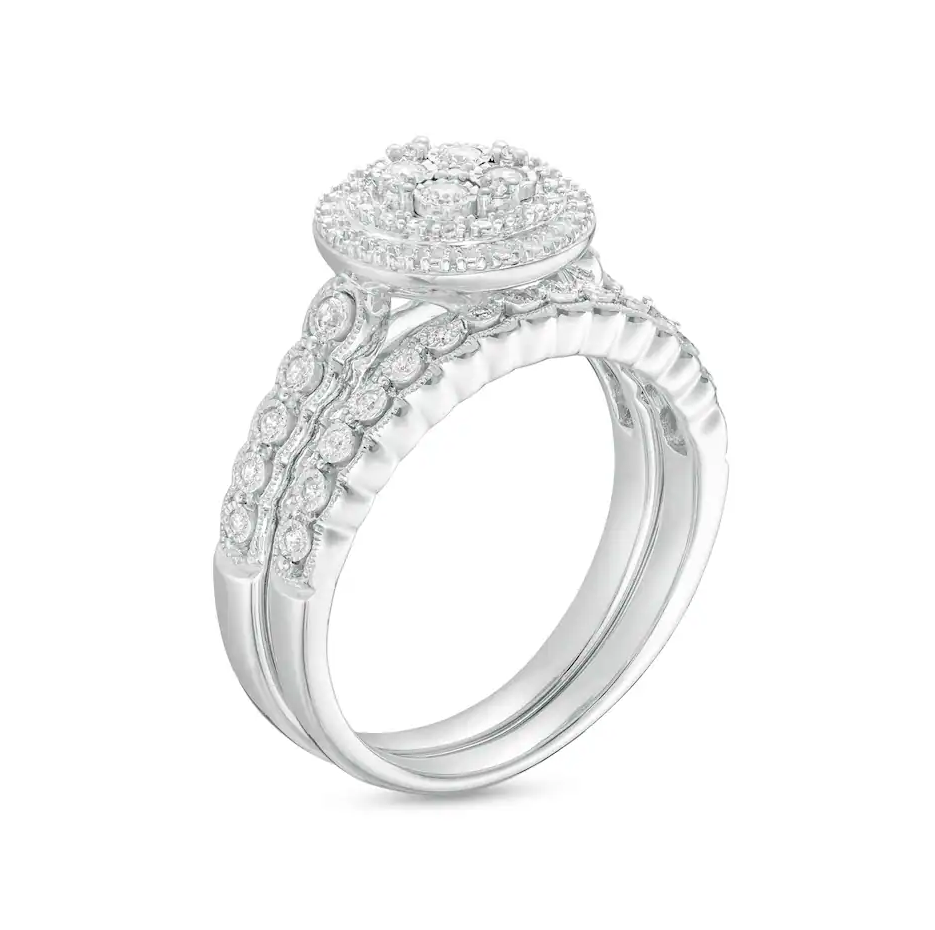 10K White Gold 0.25 CT.T.W. Round Lab Created Diamond Double Frame Scallop Shank Vintage Engagement Band-3