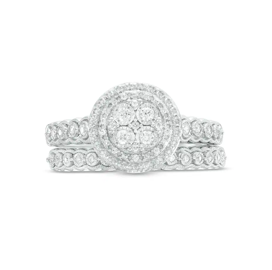 10K White Gold 0.25 CT.T.W. Round Lab Created Diamond Double Frame Scallop Shank Vintage Engagement Band-4