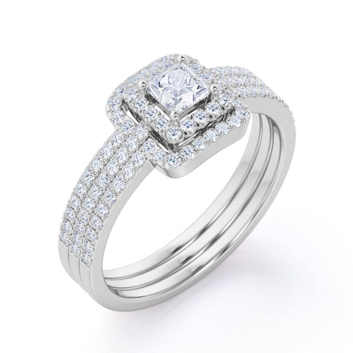 Bague de fiançailles en moissanite taille princesse en or blanc 10 carats 0,3 ct avec diamant cultivé en laboratoire 0,75 ct-3