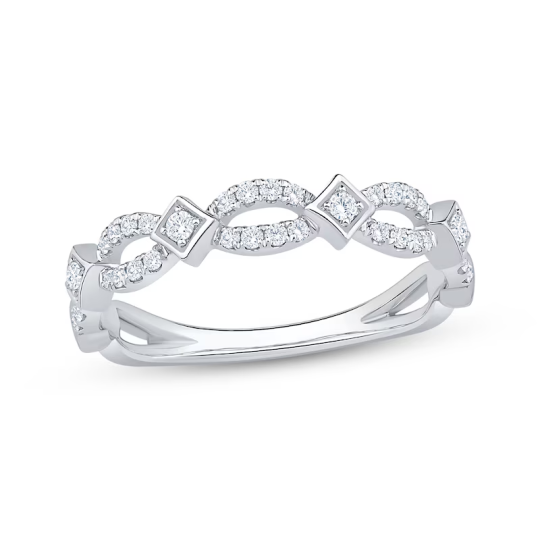 Alliance empilable en or blanc 10 carats, sertie de diamants de forme circulaire, festonnée et fendue, 1/4 ct