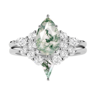 10K White Gold 1.5 CT Pear Cut Moissanite & Moss Agate Bridal Set-2