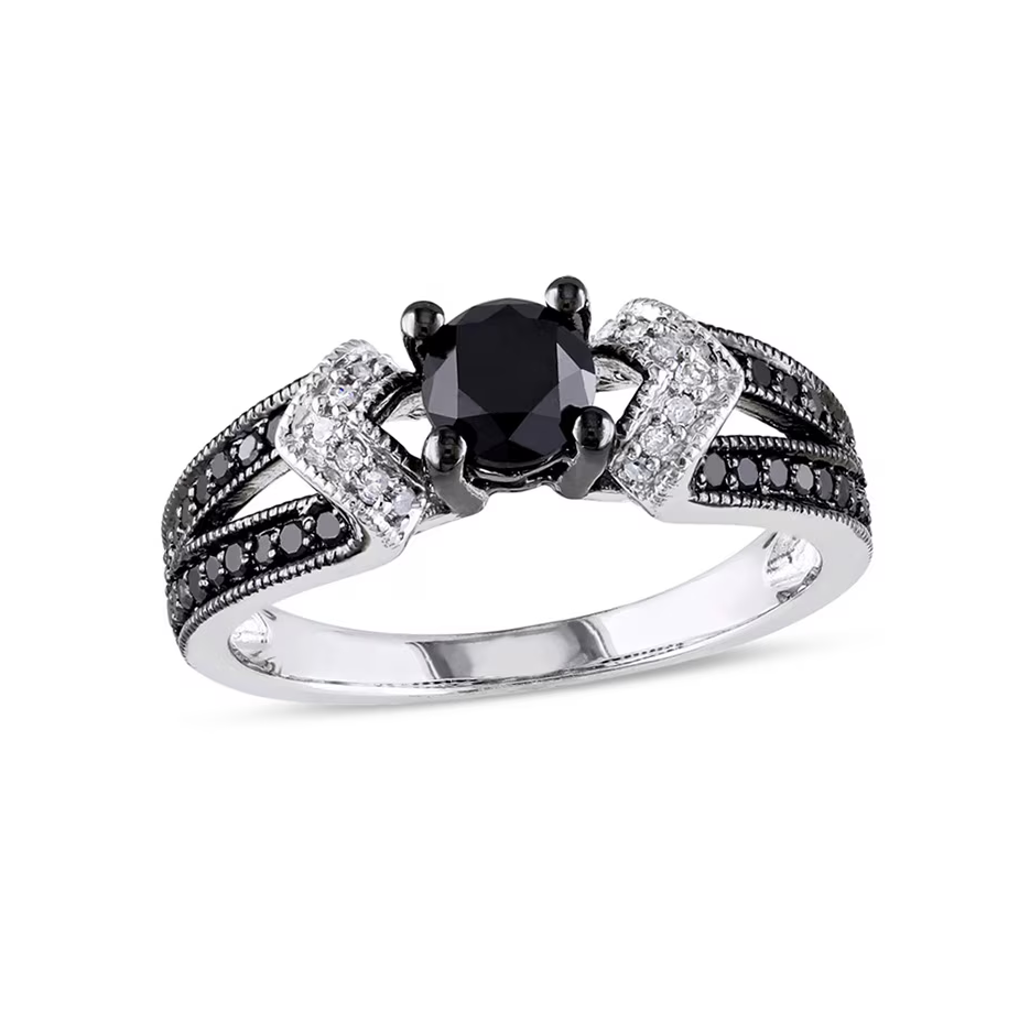 Alliance de fiançailles en or blanc 10 carats, diamants noirs et blancs taille ronde, de 0,75 à 3,25 ct, à tige fendue-1