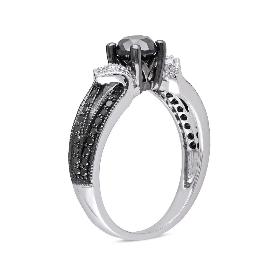 Alliance de fiançailles en or blanc 10 carats, diamants noirs et blancs taille ronde, de 0,75 à 3,25 ct, à tige fendue-3