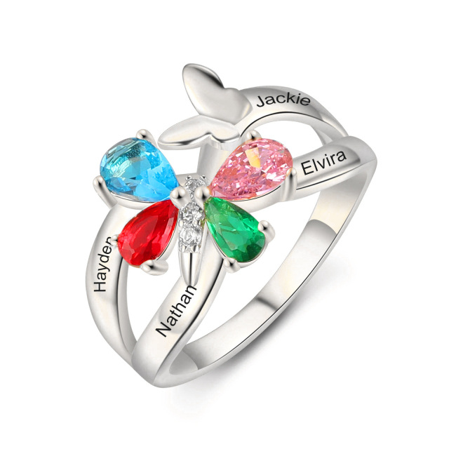 10-karatowe białe złoto Butterfly Cubic Zirconia Spersonalizowane grawerowanie i Birthstone Ring-1