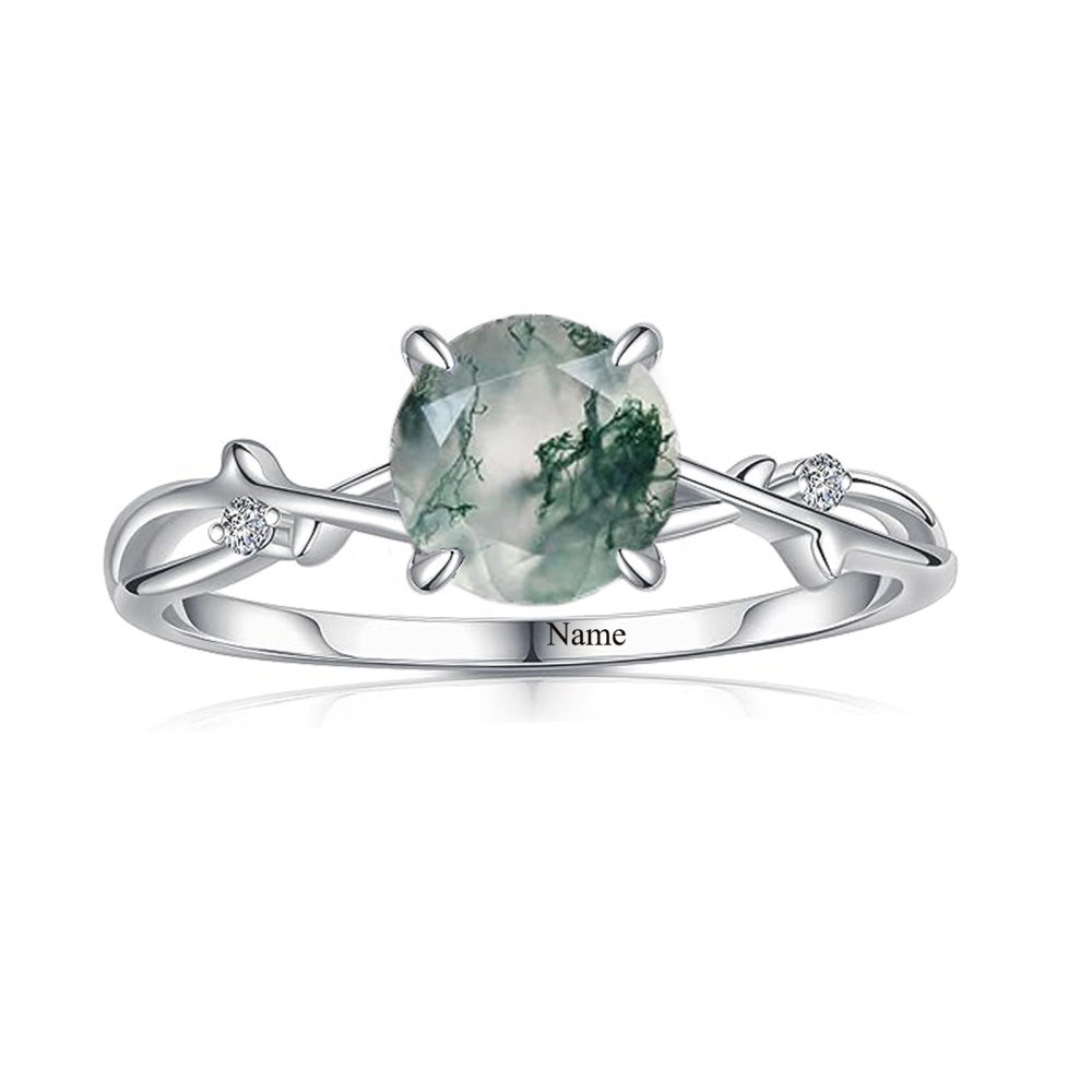 10K White Gold Round Moss Agate Personalized Classic Name Ring-1
