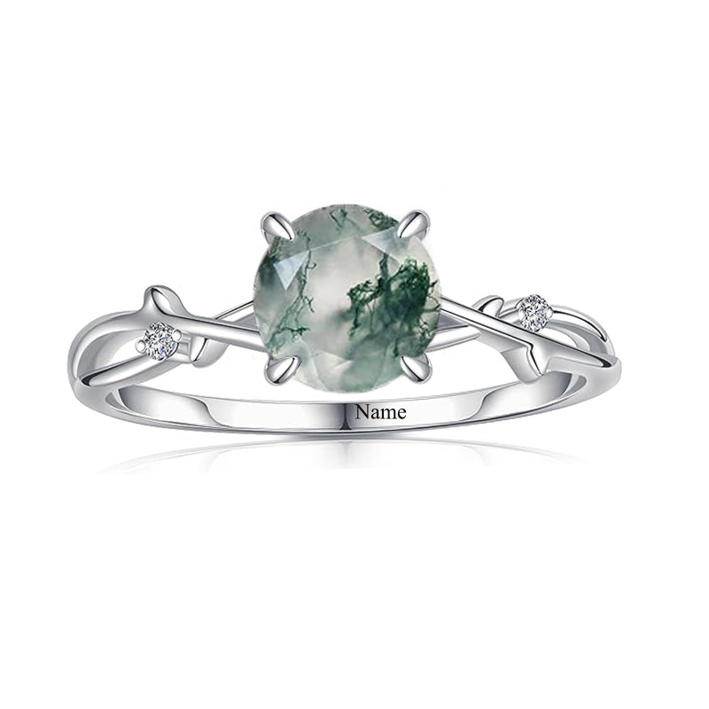 10K White Gold Round Moss Agate Personalized Classic Name Ring-9