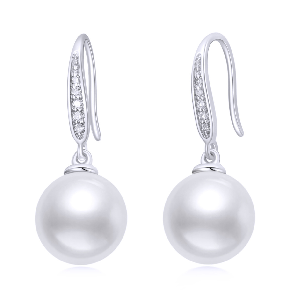 10K White Gold Circular Pearl Bead Drop Earrings-1