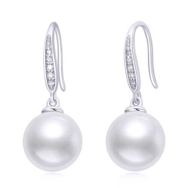 Aretes colgantes con perlas circulares de oro blanco de 14 quilates-1