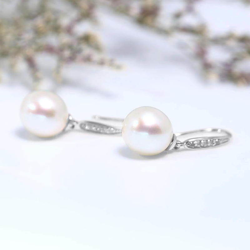 14K White Gold Circular Pearl Bead Drop Earrings-3