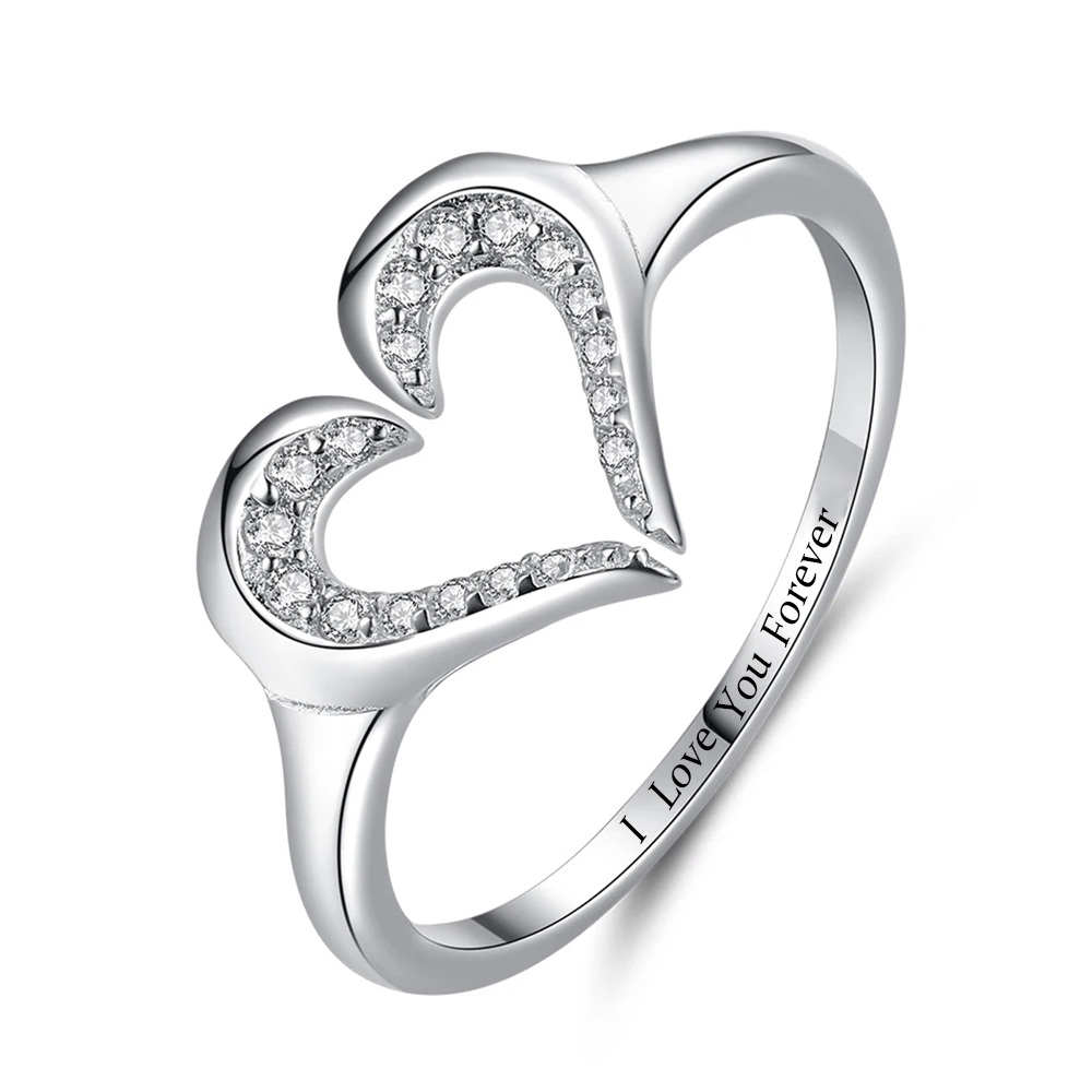 Anello aperto a forma di cuore con incisione personalizzata in zirconia cubica circolare in oro bianco 14K-1