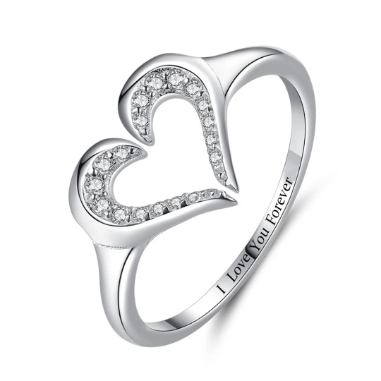10K White Gold Round Cubic Zirconia Personalized Engraving Heart Open Ring