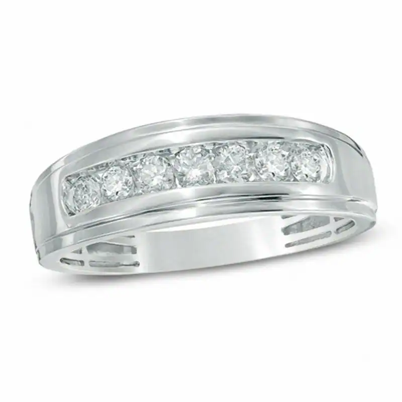 10K White Gold Circular Shaped Diamond Custom Engraving Comfort Fit Wedding Band for Men-1