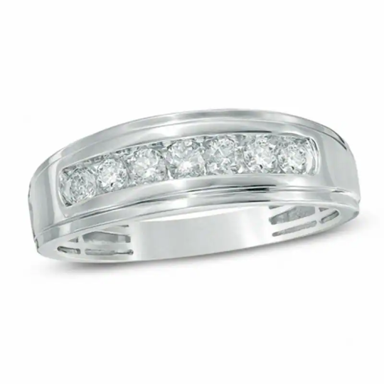 Alliance confortable en or blanc 10 carats avec diamants de forme circulaire et gravure personnalisée pour homme