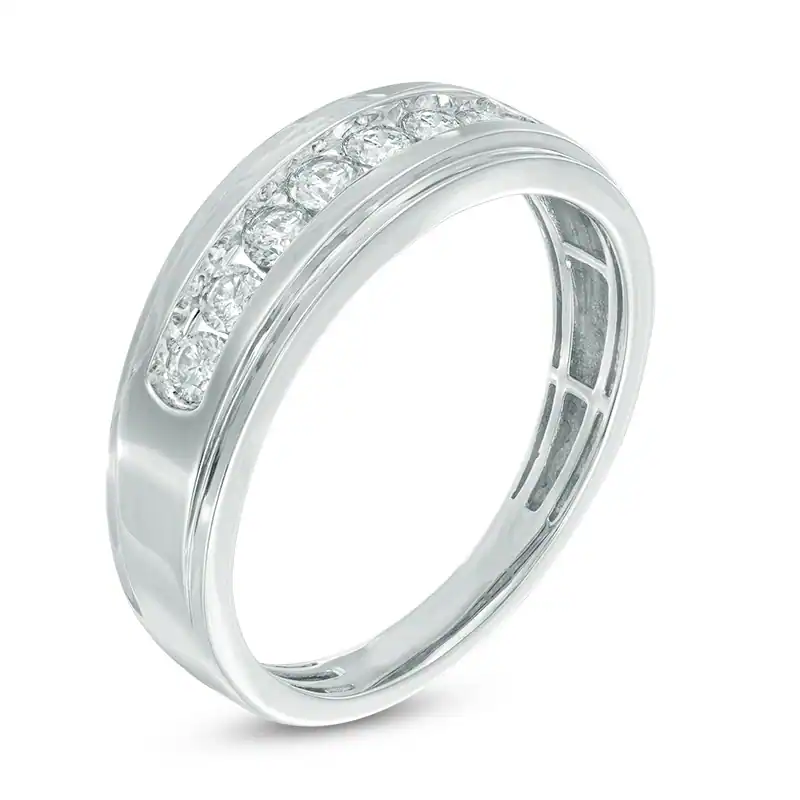 10K White Gold Circular Shaped Diamond Custom Engraving Comfort Fit Wedding Band for Men-3