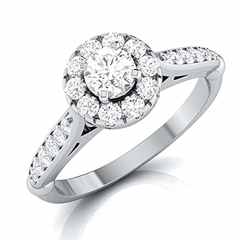 10K White Gold Round Shaped Moissanite Personalized Engraving Engagement Ring-1