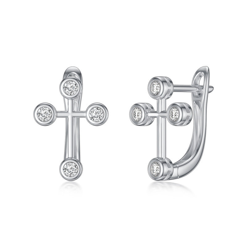10K White Gold Round Cubic Zirconia Cross Stud Earrings-12