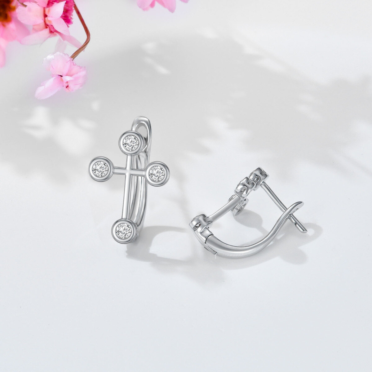 10K White Gold Round Cubic Zirconia Cross Stud Earrings-3