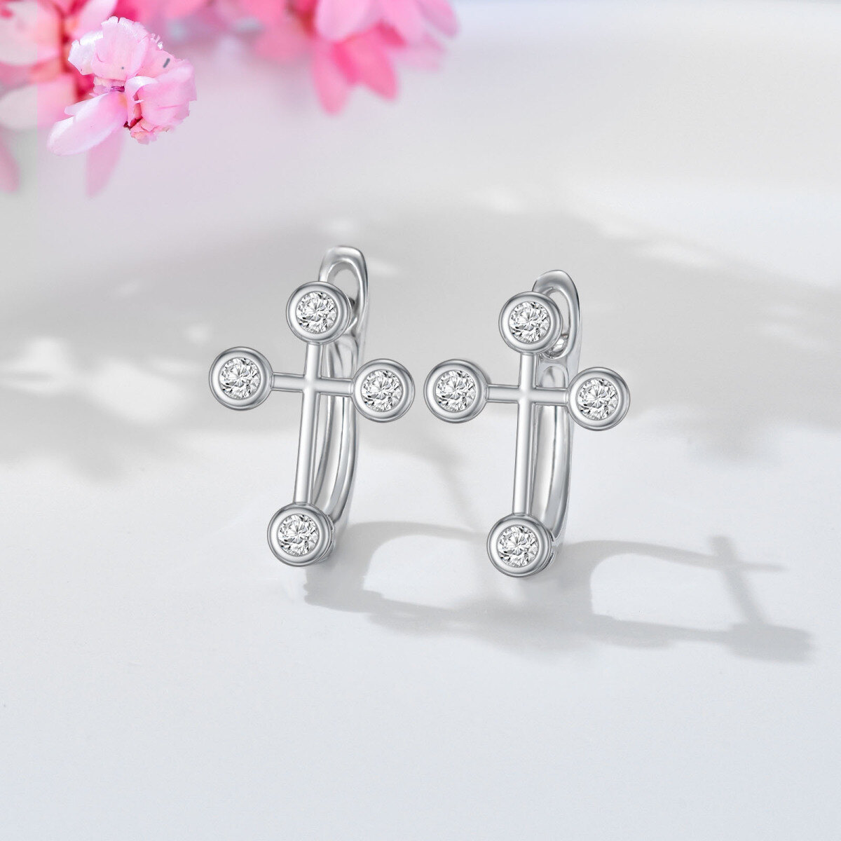 10K White Gold Round Cubic Zirconia Cross Stud Earrings-4