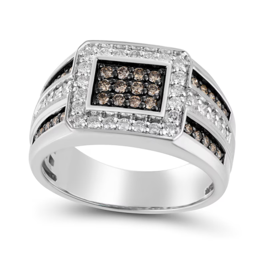 Alliance personnalisée en or blanc 10 carats, 1 carat, sertie de diamants blancs et de champagne, pour homme