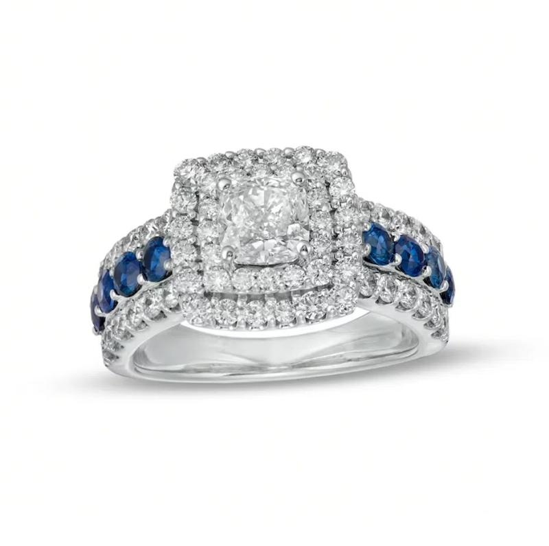 10K White Gold 2 CT.T.W. Cushion Lab Created Diamond & Sapphire Custom Engagement Ring D VVS1-VS1 IGI Certified-2