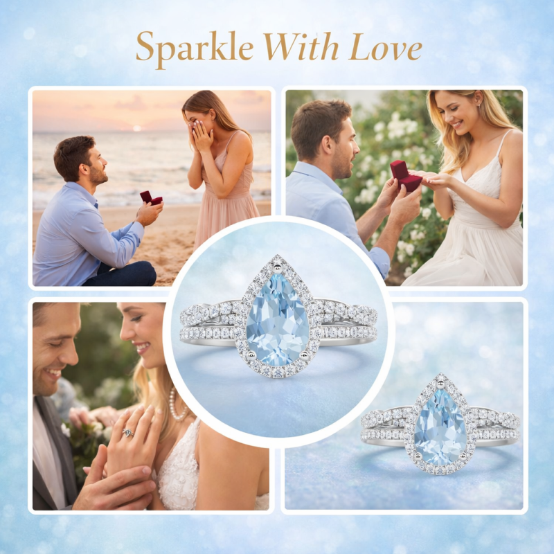 Conjunto nupcial de oro blanco 10K con aguamarina talla pera de 1 CT-5