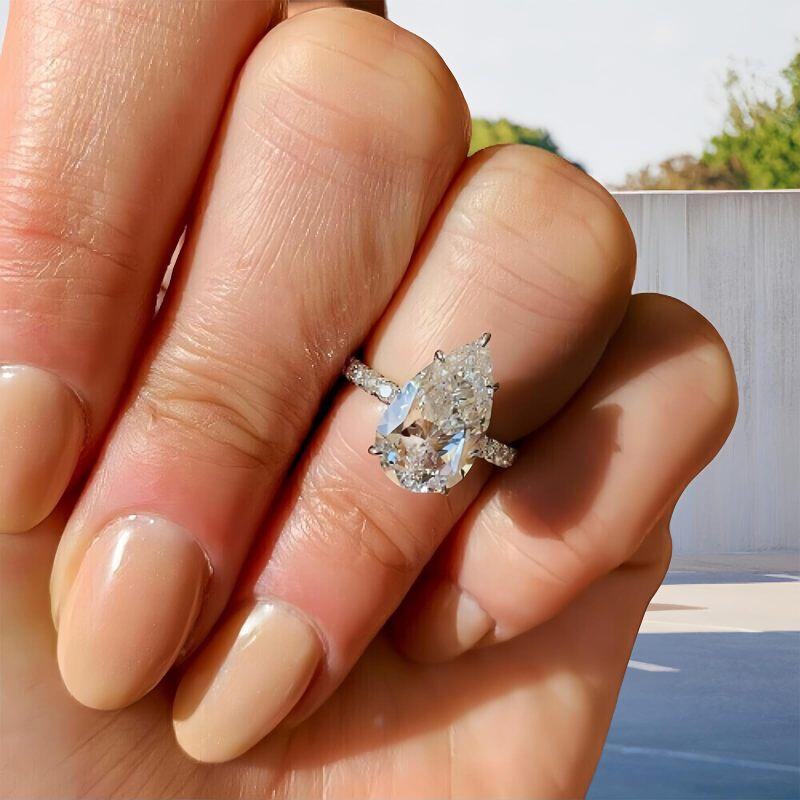 10K White Gold 3 CT Pear Moissanite Personalized Engraving & Engagement Ring-3